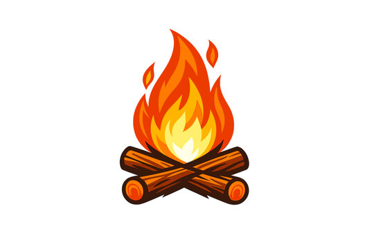 Stylized vector illustration of a campfire featuring crossed wooden