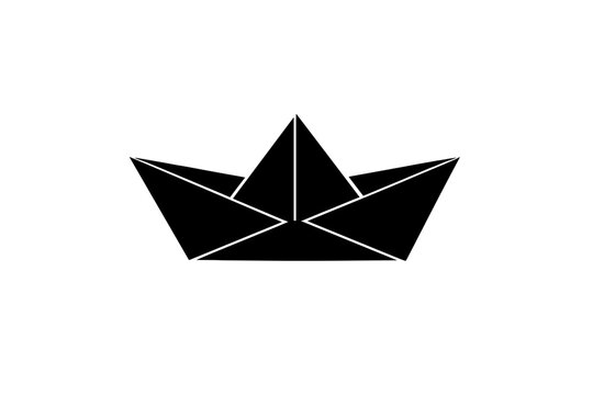 A minimalist black silhouette of an origami paper boat isolated on a