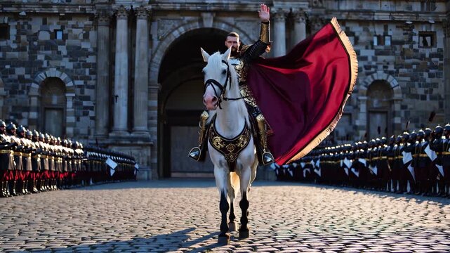Mounted knight rides white horse. Rider wears ornate armor and flowing cape. Parade and ceremony feature uniformed soldier ranks. Cavalry procession passes under grand stone arch. Display evokes past.