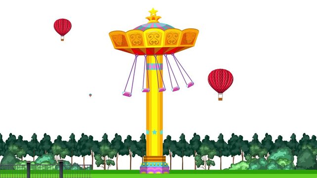 Animated Amusement Park Swing Ride with Hot Air Balloons on White Background