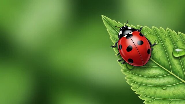 Red ladybug crawling on a green leaf with dew drops. Cute insect illustration in nature. Small beetle exploring summer plant with water for wildlife concept.