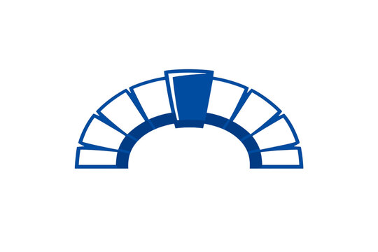 A blue and white stylized arch icon with a central keystone and