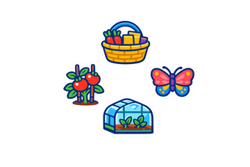 A set of four colorful garden-themed vector icons featuring a harvest