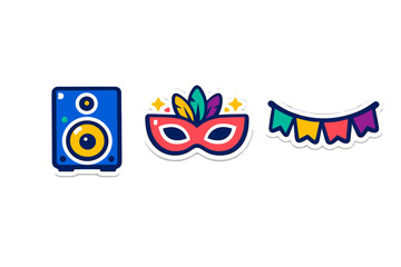 A set of three party-themed vector stickers featuring a blue speaker