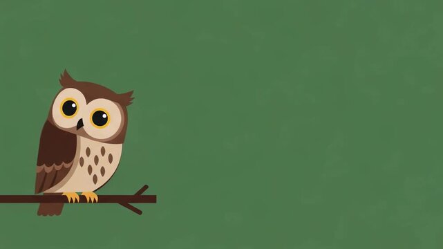 Cute owl cartoon character waving its wing while sitting on a tree branch. Animated bird illustration for children storybook and nursery wall decor design.