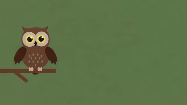 Cute owl illustration on a tree branch. Cartoon bird character moving its head in a minimalist woodland setting. Playful wildlife animation for children design.
