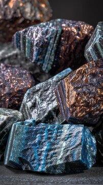 Extreme macro shot of mixed rare earth mineral rocks clustered together, showing a diverse range of earthy and metallic colors including dark gray, copper tones, deep blue, and subtle green mineral 
