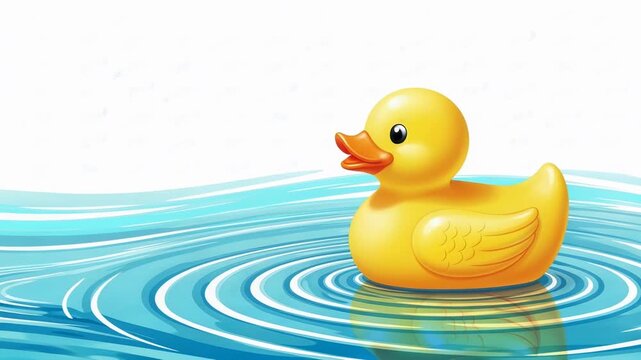 Yellow rubber duck swimming in blue water. Cute bath toy floating in pond creating ripples. Cartoon illustration of a bird toy for children and baby game concept.