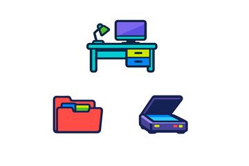 A collection of flat vector icons representing office equipment