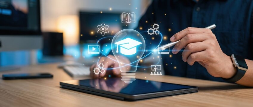 Digital learning tools and technology home office educational content modern workspace close-up view innovation and knowledge sharing