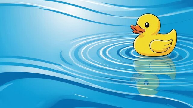 Yellow rubber duck swimming in blue water. Cute cartoon illustration of animal toy floating on lake. Ripples and reflection on surface, simple vector graphic.