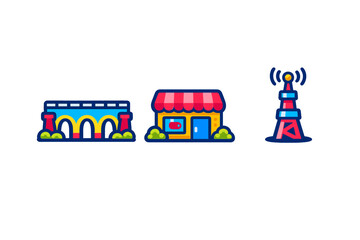 Naklejka premium A set of three colorful vector icons featuring a stone bridge, a