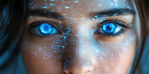 Close-up of a woman's face, featuring a hologram fusion with AI, representing digital transformation and innovation. Eyes and text symbolizing the vision for technological progress, Generative AI