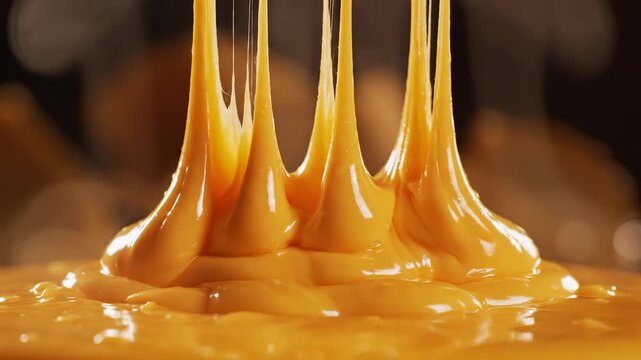 Video of abstract gooey cheese strand extending in slow motion, molten dairy stretch detail, rich food background for modern marketing visuals.