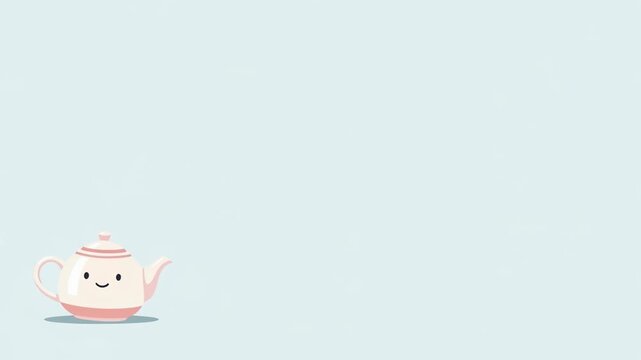 Small smiling teapot moving across blue background. Cute character animation for tea time illustration. Minimalist vector graphic for beverage morning concept.