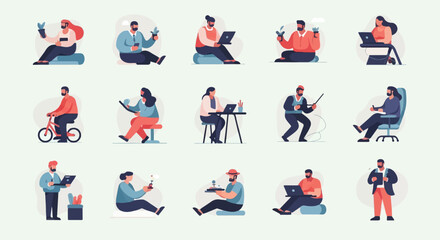 Fototapeta premium Diverse people engaged in various activities, including gardening, cycling, and working on laptops