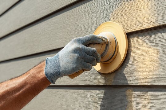 Hand with glove using a sanding tool on wood siding, preparing for painting
