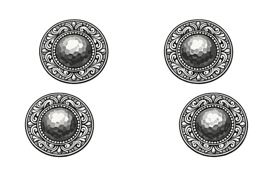 A set of four ornate circular silver buttons or medallions featuring