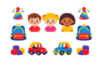 Naklejka premium Vector set featuring diverse happy kids, school backpacks, colorful