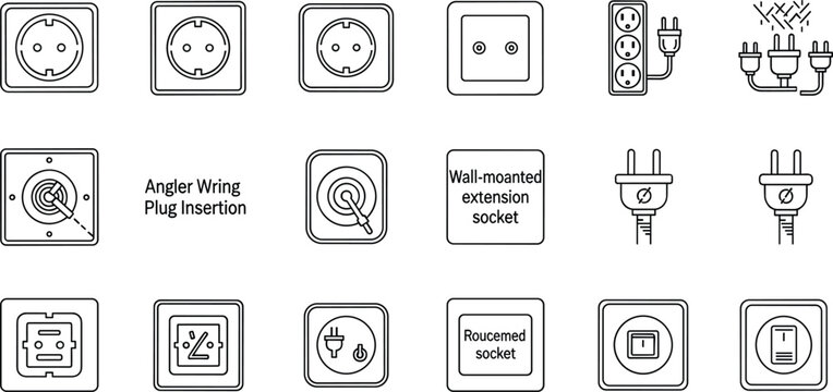 Electrical socket and plug outlet line icon set with power adapter extension electricity vector illustration