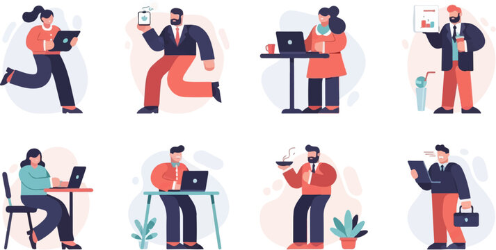 Diverse people engaged in various office tasks and leisure activities