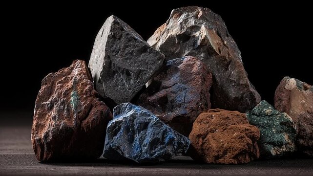 Extreme macro shot of mixed rare earth mineral rocks clustered together, showing a diverse range of earthy and metallic colors including dark gray, copper tones, deep blue, and subtle green mineral 