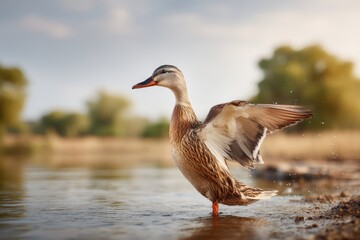 Mallard duck standing by water flapping wings, splashing sunlit drops