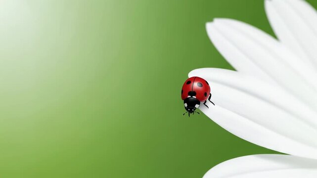 Red ladybug crawling on white daisy petal. Small insect moving along flower edge. Nature macro illustration for garden theme and botanical spring background.