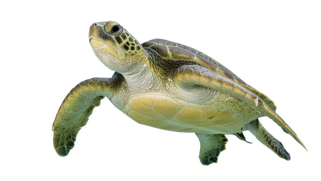 Isolated majestic green sea turtle swimming gracefully through water, natural marine life