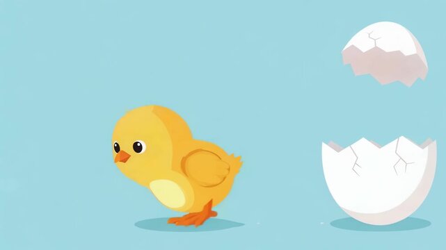 Yellow chick hatching from egg. Cute bird emerging from broken shell sequence. Happy farm animal baby life cycle cartoon animation for kids and Easter celebration.