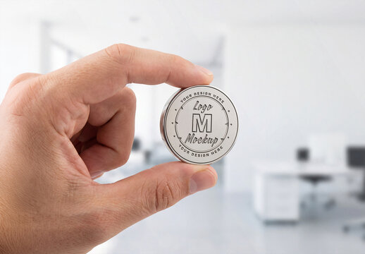 Man&rsquo;s Hand Holding Cicular Silver Coin Logo Mockup