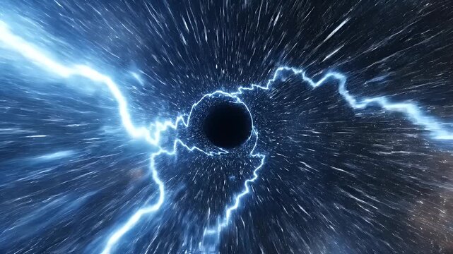Abstract blue light streaks emanate from a central dark void