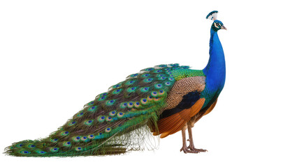 Obraz premium Isolated elegant male peacock displaying vivid colorful feathers, standing majestically