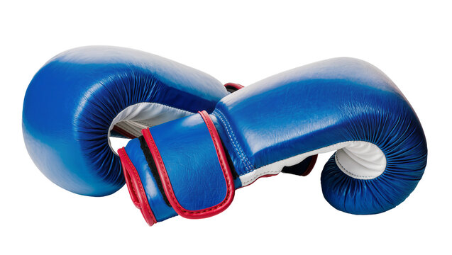 Isolated pair of vibrant blue boxing gloves with red accents for training and combat sports