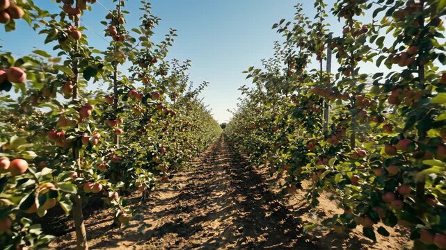 Video of orderly apple trees forming symmetrical lines in bright summer daylight, sustainable farming concept, rural economy and natural produce marketing visual.