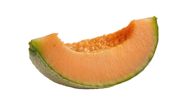 Isolated single ripe fresh juicy cantaloupe melon slice with a bite taken out and seeds