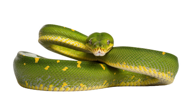 Isolated vibrant green tree python snake with distinct yellow markings coiled beautifully.