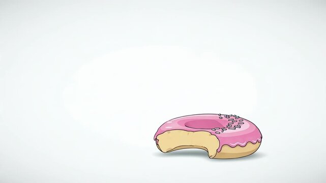 Pink glazed donut with bite marks disappearing. Animated dessert losing pieces in sequence. Sweet food illustration for digital project and confectionary menu.