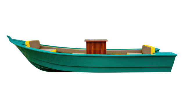 Isolated small green fishing boat or recreational vessel with upholstered seating and wooden table