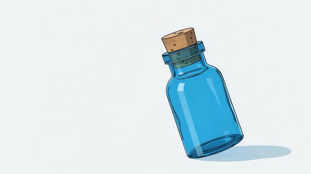 Blue glass bottle with cork stopper moving against light background. Small empty vial for potion or message. Cute cartoon illustration of magical container.