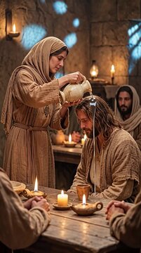 The Anointing at Bethany, woman pouring alabaster jar of oil on Jesus head, vertical video