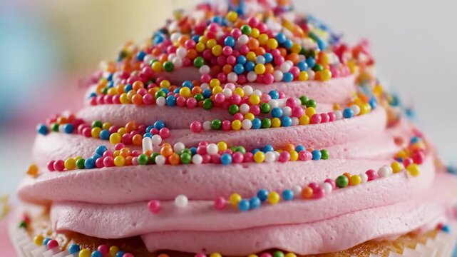 Video of cupcake sprinkles fall in sweet sugar cascade motion, macro dessert detail for bakery branding and festive food backgrounds.