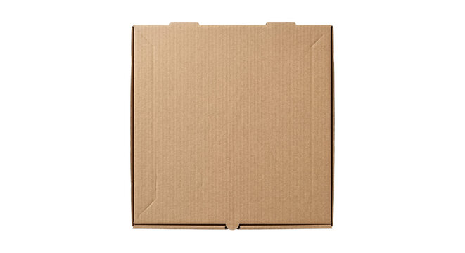 Blank brown cardboard pizza box top view on transparent background