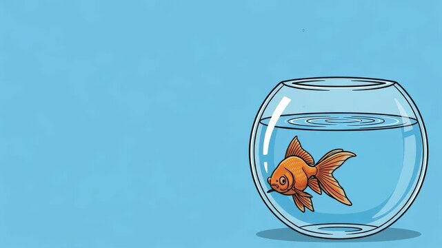 Golden fish swimming in circular glass bowl. Cartoon style illustration of pet in aquarium. Minimalistic water animal movement animation sequence on blue background.