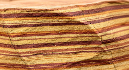 Close-up view of layered sandstone showing distinct sediment strata in natural earthy tones