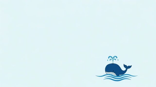 Blue whale swimming in ocean waves. Cartoon animal character spouting water from blowhole. Simple vector style graphic design for children nursery illustration.