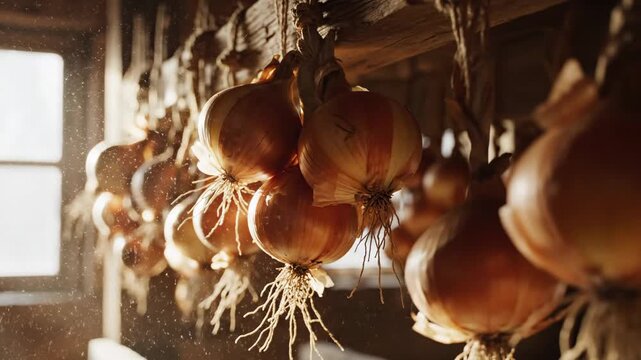 This video features an onion drying rack with hanging bulbs detail in rustic style, farm-to-table concept, organic produce storage theme, and countryside kitchen branding visual.