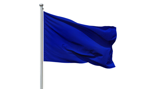 Isolated bright plain blue flag on a silver flagpole, waving majestically in the wind outdoors