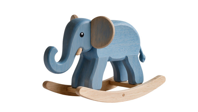 Isolated wooden rocking elephant toy in blue, minimalist child's plaything, studio shot