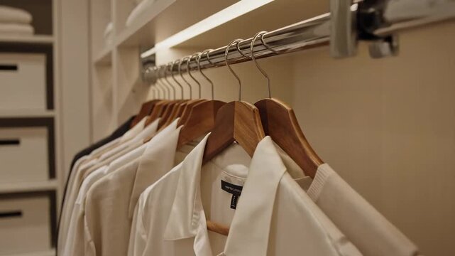 Video of tidy closet scene with sliding hangers and perfectly arranged apparel, decluttered living concept for digital campaigns and home improvement advertising.